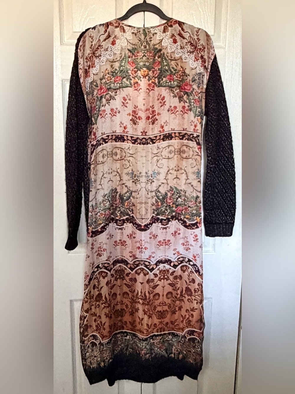 Aratta Silent Journey Black Open Knit Floral Back Long Tunic Duster Dress Sz M